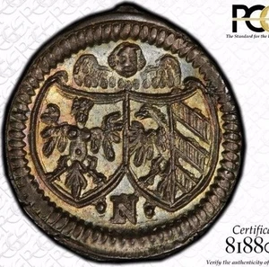 SPECTACULAR FINEST & ONLY @ NGC & PCGS MS65 1693 NURNBERG GERMANY KREUZER TONED - Picture 1 of 3