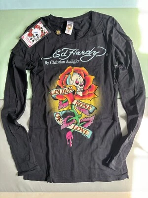 NEW Christian Audigier Ed Hardy T Shirt Vintage Y2K Rose 🥀 ❤️ Love LSleeve Sz S - Image 1 of 4