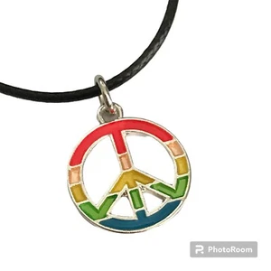 Peace Sign Pendant Choker Necklace Black Cord 16-18" Rainbow Hippie LGBT Retro - Picture 1 of 6