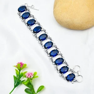 Dainty Blue Sapphire Gemstone Bracelet 925 Sterling Silver Handmade Jewelry Gift - Picture 1 of 6