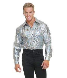 Silver Glitter Disco Shirt Retro Pimp Fancy Dress Up Halloween Costume Accessory - Picture 1 of 6