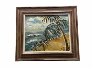 "Windy Tropical Beach Scene" Oil On Cardboard Painting - Signed And Framed - Picture 1 of 9
