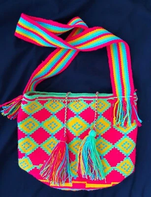 Mochila Wayuu Red, Blue, Green, Yellow Geometric Hobo Drawstring Purse - NWT!  - Image 1 of 2