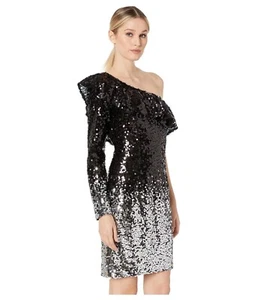 Laundry by Shelli Segal Womens One Shoulder Ombré Sequin Cocktail Dress BLK 2 - Picture 1 of 6