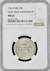 1965 Peru 20 Soles KM# 241 Silver 20S NGC MS65 Lima Mint Anniversary Gem Unc BU - Picture 1 of 2