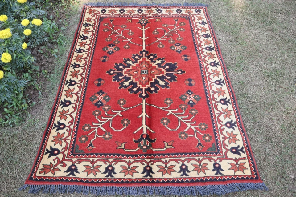 3'5x4'8 ft Afghan Rusty Red Bokhara Rug Vintage Turkmen Tribal Kitchen Decor Rug - Image 1 of 4