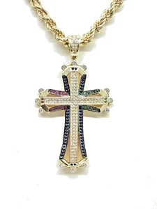 COLLANA  UNISEX  CROCE IN ARGENTO 925 E ZIRCONI COLORATI  PLACCATA ORO 18KT - Foto 1 di 7