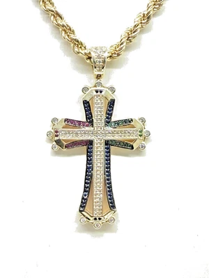 COLLANA  UNISEX  CROCE IN ARGENTO 925 E ZIRCONI COLORATI  PLACCATA ORO 18KT - Immagine 1 di 4