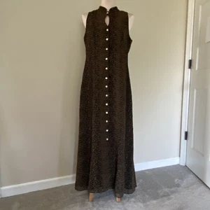 Vintage David Warren Women Maxi Dress 12 Black Animal Print Button Front GVC - Picture 1 of 24