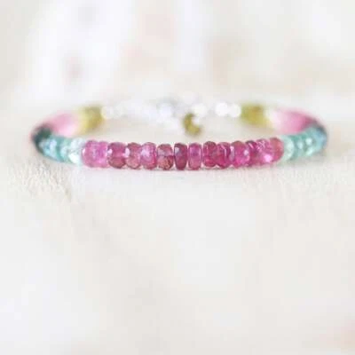 Natural Multi Tourmaline 3-4mm Faceted Rondelle Gemstone Beaded Dainty Bracelet - Image 1 of 4