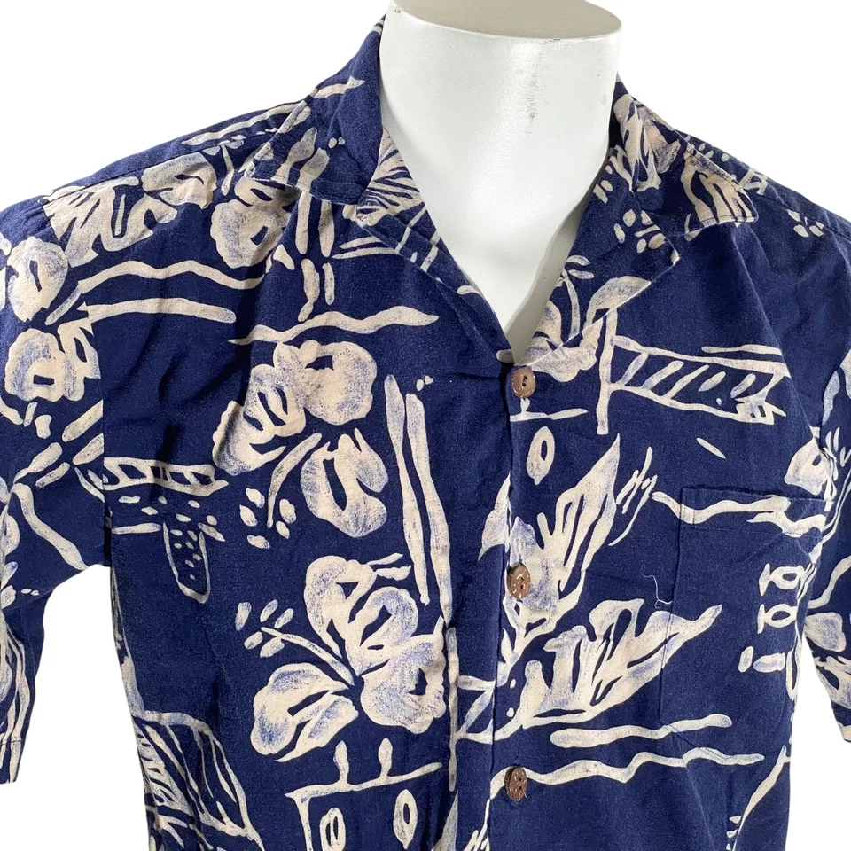 Camisa Hawaiana Hilo Hattie Mediana Floral Abstracta Flores Hojas Azul Tostado Foto 1 de 4