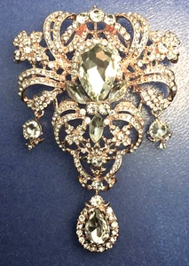 Chunky Brooch Pin Pendant Clear Glass Rhinestones Art Deco Style Large Teardrop - Picture 1 of 5