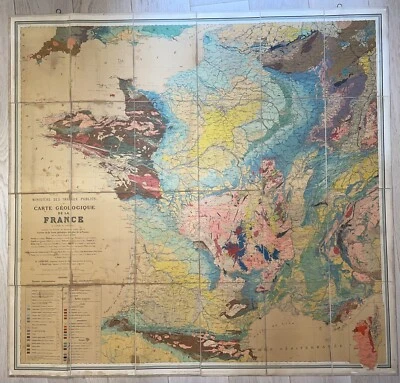 FRANCE VERY LARGE GEOLOGICAL MAP c.  1889 JACQUOT & LEVY FOLDING ON LINEN - Image 1 of 4