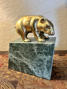 Small Brass Bear on Granite or Marble Base Bookend 6 1/2" Tall - Picture 1 of 6