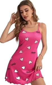 Women Pink Hearts Soft Stretch Knit Chemise Slip Style Nightgown Sz L - Picture 1 of 9