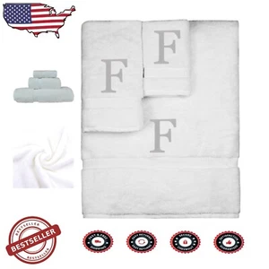 Personalized Monogrammed Towel Set - 3 Soft Turkish Cotton Towels with Initial F - Picture 1 of 7