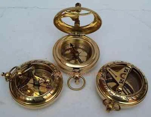 LOT OF 3 COLLECTIBLE VINTAGE MARITIME BRASS PUSH BUTTON SUNDIAL POCKET COMPASS - Picture 1 of 5