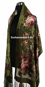 Elegant 100% Silk Burnout Velvet Vintage Floral Oblong Scarf Shawl Wrap, Green