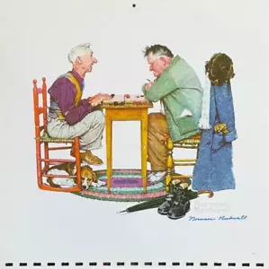 NORMAN ROCKWELL HAND SIGNED 11" X 11" COLOR CALENDAR PRINT "PLAYING CHECKERS" - Picture 1 of 1