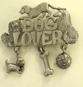 VTG JJ Jonette Brooch Pin DOG LOVER w CHARM DANGLES Silvertone/Pewter COLLIE - Picture 1 of 7