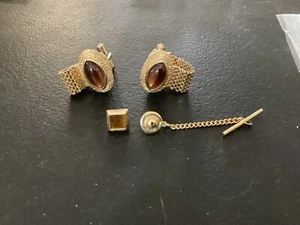 Set of Vintage 70's Gold Tone and Brown Stone Swank Cufflinks w/no mark Tie Tac - Picture 1 of 6