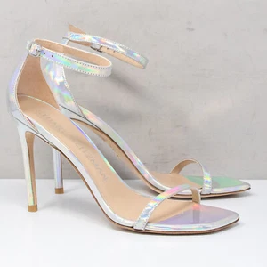 Stuart Weitzman Nudistcurve 100 Hologram Silver Sandal Heels, Size 8.5 M - Picture 1 of 7