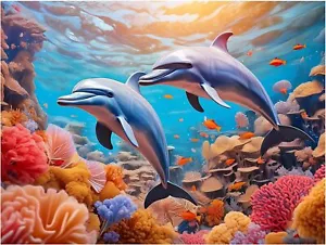 Tile Mural Playful Dolphins Coral Fish Ocean Kitchen Bathroom Wall Backsplash - Picture 1 of 16