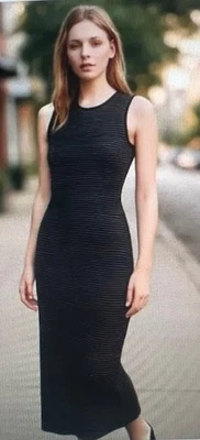 Theory Koldeen O Noble Wool Midi Dress Striped Black Luxury Career Size M NEW - Image 1 of 4