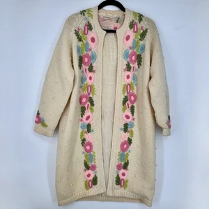 Cárdigan suéter plumero mediano grande George Company para mujer marfil 100 % lana floral - Imagen 1 de 11