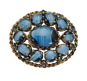 Germany Porphyry Blue Art Glass Cab Filigree Oval Brooch - Picture 1 of 10