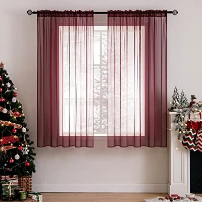  2 Panels Solid Color Sheer Christmas Window 54"W x 63"L (Pack of 2) Maroon Red - Image 1 of 4