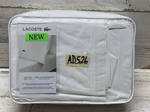 Lacoste Percale Solid King Bed Sheet Set 100% Cotton White New - Picture 1 of 5