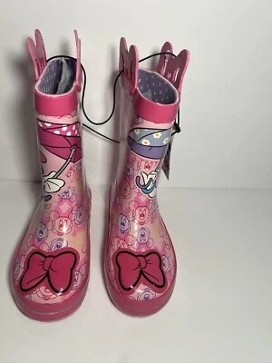 Disney Minnie Mouse Pink Rubber Rain Boots Pull On W Handles Kids Girls Sz 7/8 - Image 1 of 4