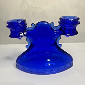 Vintage L.E. Smith Mt Pleasant Cobalt Blue Double Shield 2-light Candle Holder - Picture 1 of 8