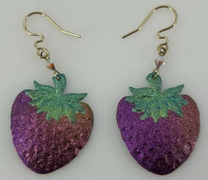 Strawberry Dangle Earrings Sparkle Purple Green Pierced Hook 2.25 Inch Drop - Picture 1 of 6