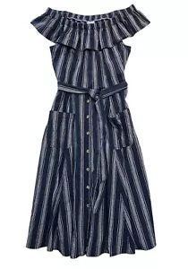 Vivi Off-Shoulder Midi Dress Navy Blue White Stripes Pockets Button Up Medium - Picture 1 of 9