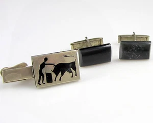 Vintage Mexico Bull Fighter Alpaca Tie Bar & Sterling Silver Onyx Cufflinks Set - Picture 1 of 7