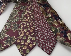 Lands End Ties Burgundy Print Leaves Repp Silk Paisley Autumn Subtle Long 4X - Picture 1 of 24
