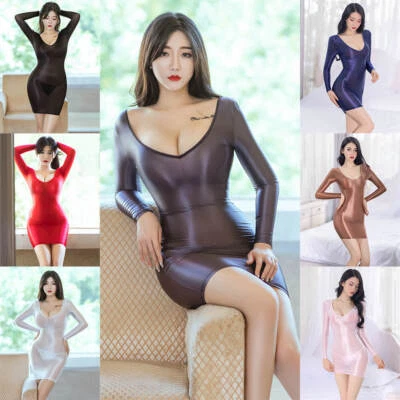 Mujeres Brillante Brillante Manga Larga Lencería Mini Vestido Cóctel Club Bodycon Vestidos Foto 1 de 4