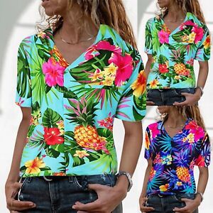 Women'S Flowers Leaves Blouse Funky Frontpocket Hawaiian Print Shirts