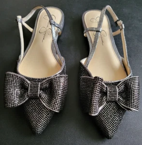 Jessica Simpson Black/Silver Bow Glitter Rhinestone Slingback Flat Shoes 8.5 - Picture 1 of 5