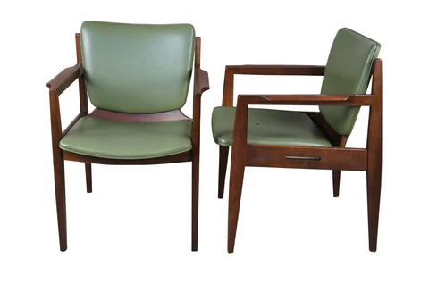 2 Thonet Mid Century Modern Walnut & Green Vinyl Office Library Arm Chairs Pair Cover