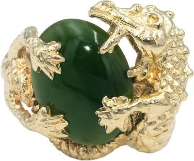 14k Yellow Gold Cabochon 15.5 x 11.7mm Jadeite Dragon Cocktail Ring Size 6 - Image 1 of 4
