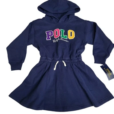 NUEVO CON ETIQUETAS Polo Ralph Lauren Niños Talla 4 Azul Marino Sudadera con Capucha Vestido Arco Iris Logo Cordón Foto 1 de 4