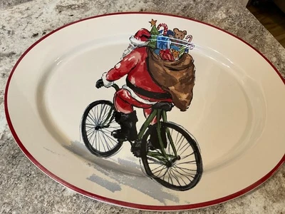 Pottery Barn Santa on Bicycle 15 3/4" Oval Serving Platter - Image 1 of 4
