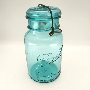 Vintage 1923-1933 Light Blue BALL IDEAL #10 Mason Quart Jar w/ wire clamp Lid - Picture 1 of 13