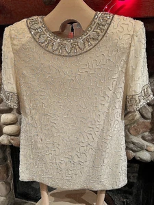 Laurence Kazar Damen NEU Perlen Top Gr. Small Weiß & Gold Kurzarm NEU - Bild 1 von 17