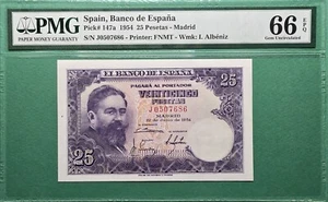 1954 SPAIN 25 PESETAS P# 147a PMG 66 EPQ GEM UNC - Picture 1 of 2