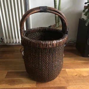 Antique Rice Basket Dark Brown Large Size 62cm Tall x 41cm Storage Laundry Logs - Picture 1 of 19