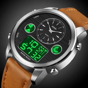 Dual Analogue Digital Watches Mens Waterproof Leather Strap Sports Wris Watch - Picture 1 of 16